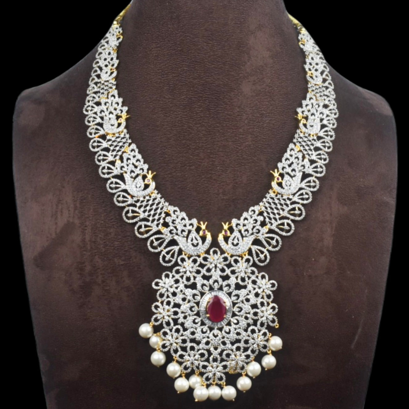 Diamond Replica CZ Necklace Set with Earrings | Emerald / Ruby | Bridal Jewellery