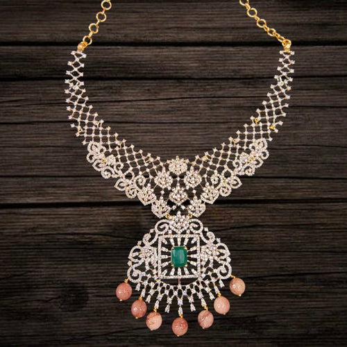 24K Gold Plated American Diamond Necklace Set with Ruby - AD Choker Jewelry