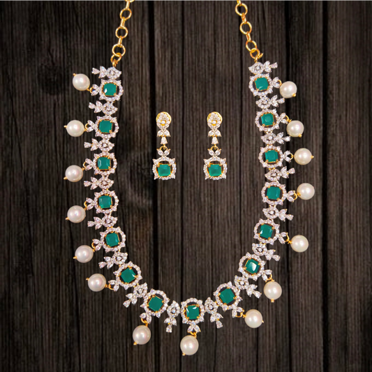Graceful One Gram Gold Emerald,American Diamonds Necklace
