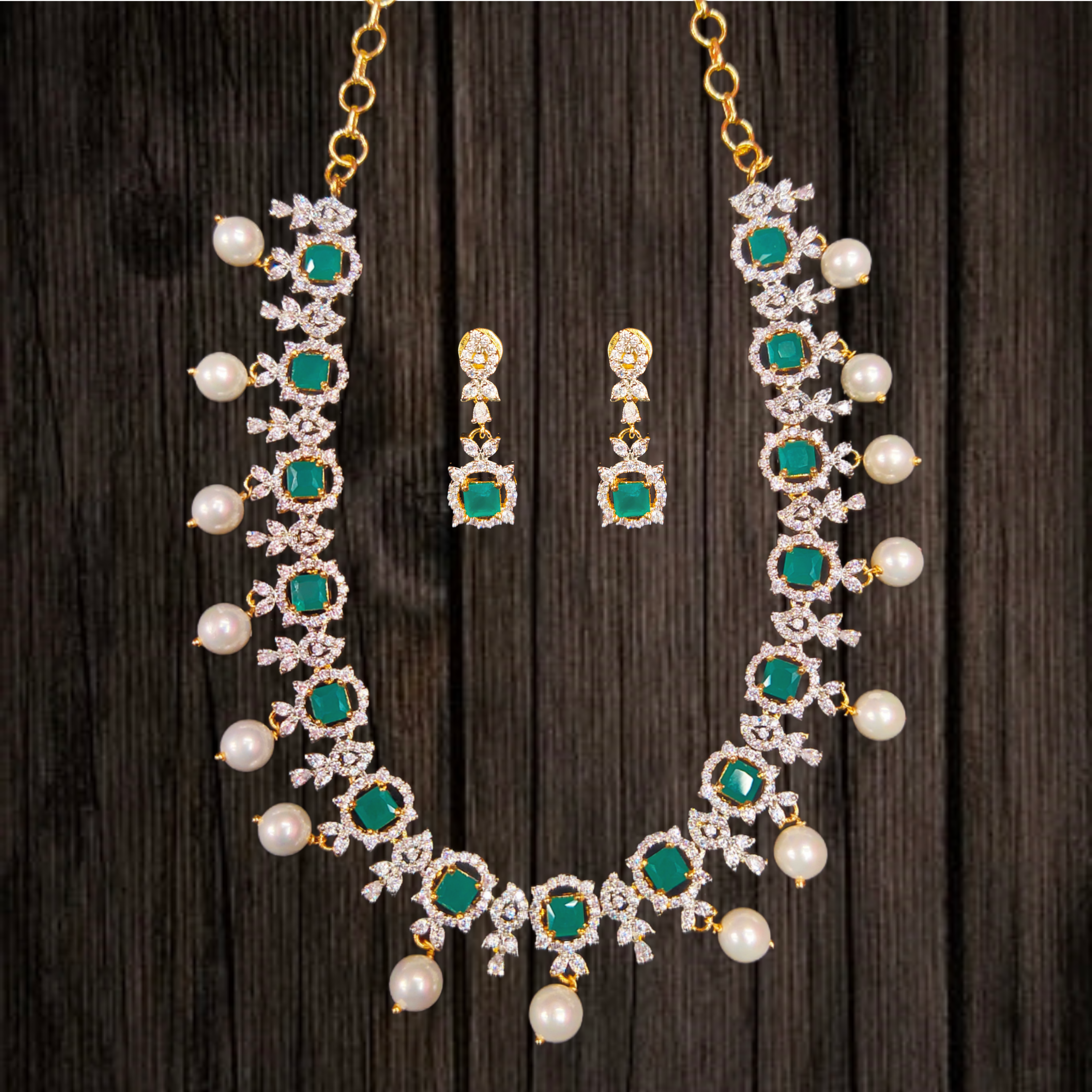 Graceful One Gram Gold Emerald American Diamond Necklace Set