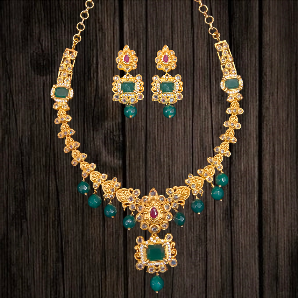 24K Gold Plated Uncut Diamond Necklace Set with Ruby Emerald - Polki AD Jewelry