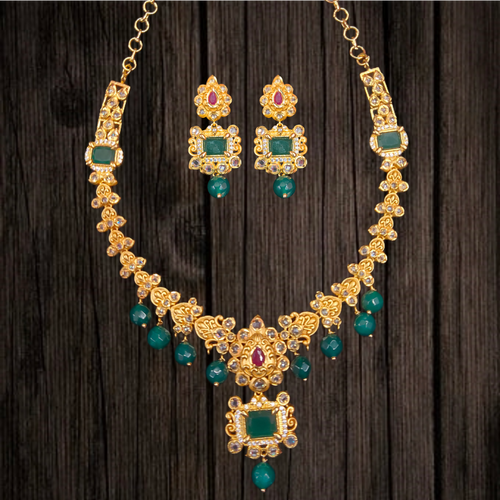 24K Gold Plated Uncut Diamond Necklace Set with Ruby Emerald - Polki AD Jewelry