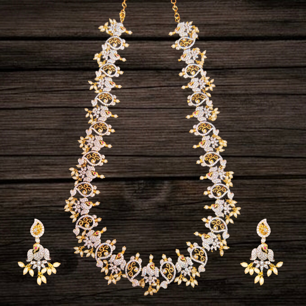 American Diamond Guttapusalu Long Haram Necklace Set with Pearl Drops