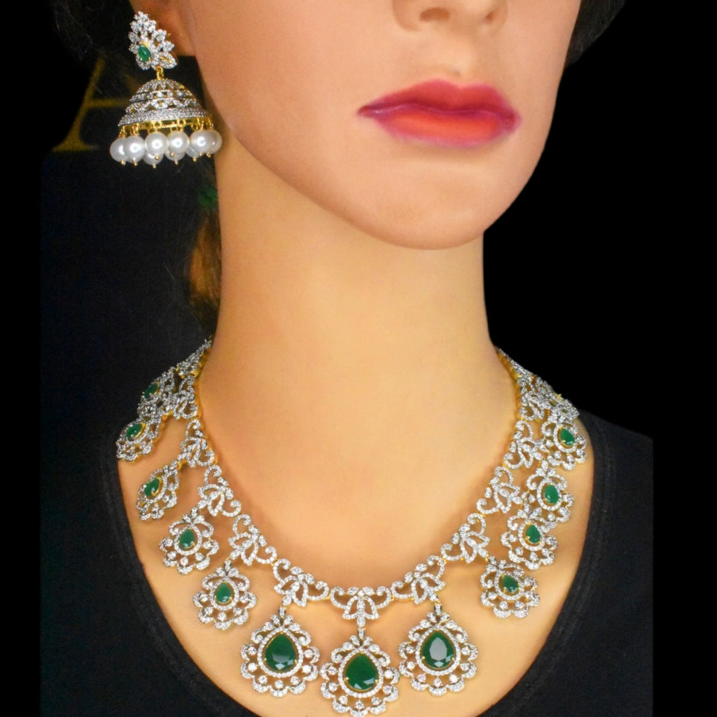 Bridal Emerald Necklace Set with Matching Earrings - Wedding Jewellery