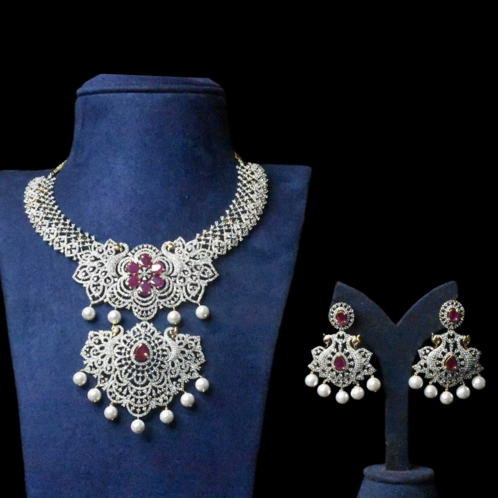 American Diamond Haram with Ruby Pearls - Bridal Jewellery