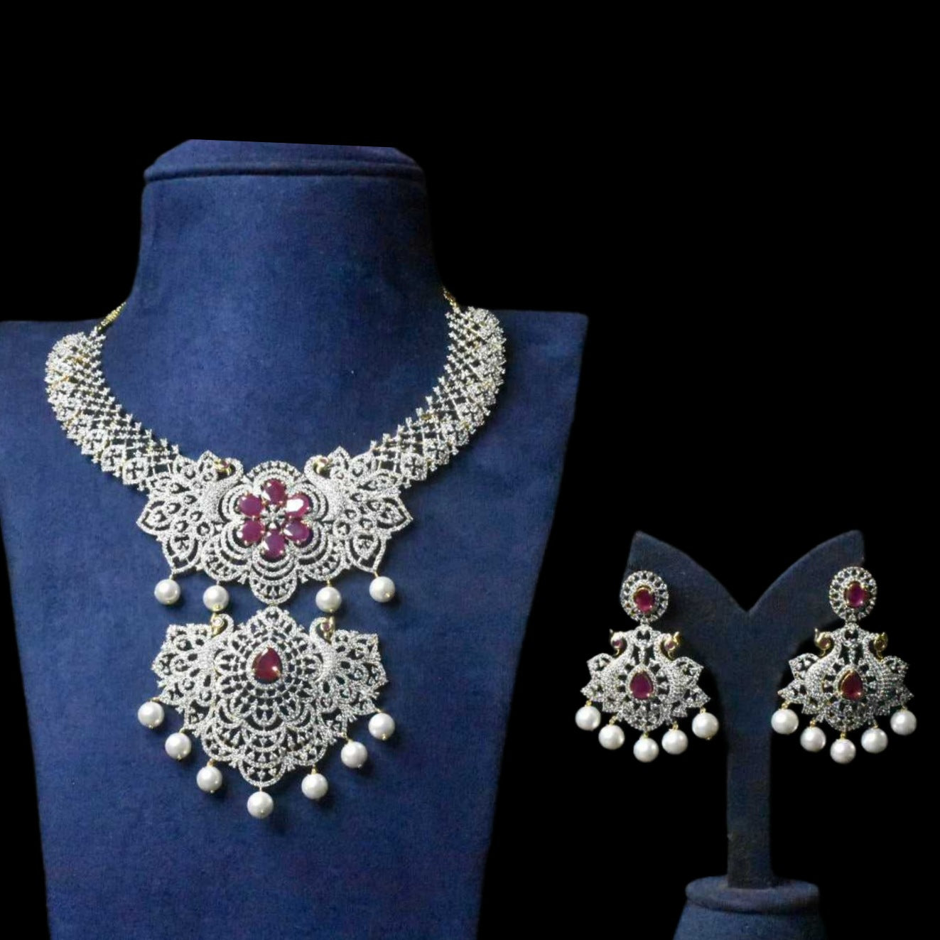 American Diamond Haram with Ruby Pearls - Bridal Jewellery