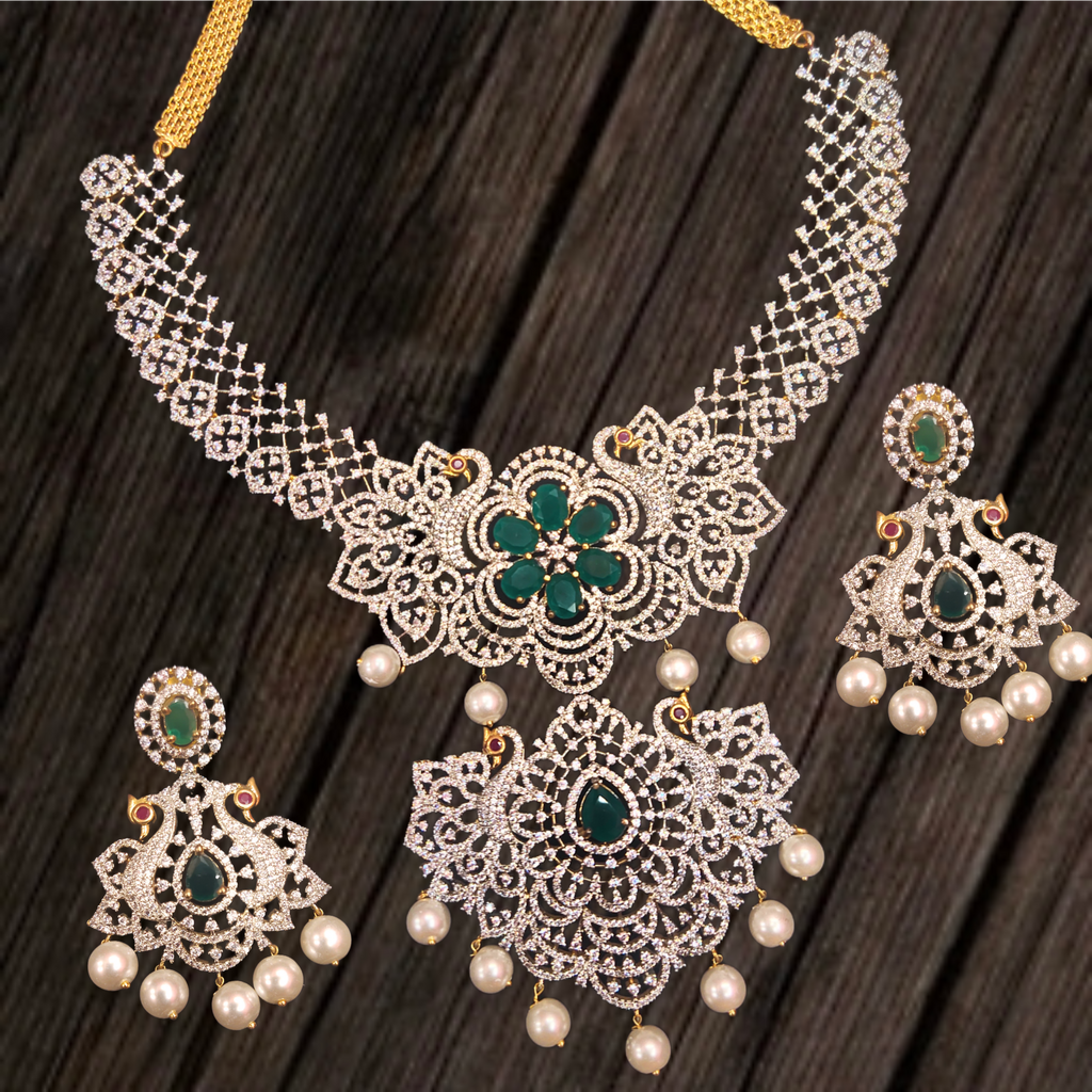 American Diamond Haram - One Gram Gold Long Necklace Set