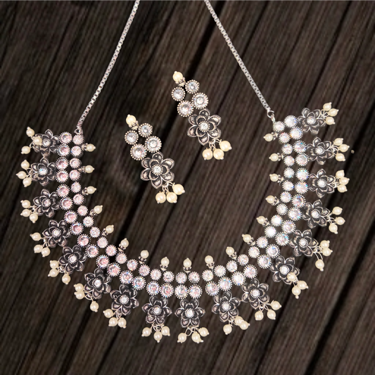 Oxidised Silver Cz Necklace Set By Asp Fashion Jewellery