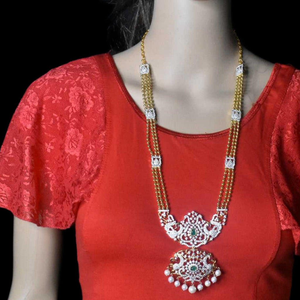 Tarini American Diamond Necklace Set - Peacock Floral Design