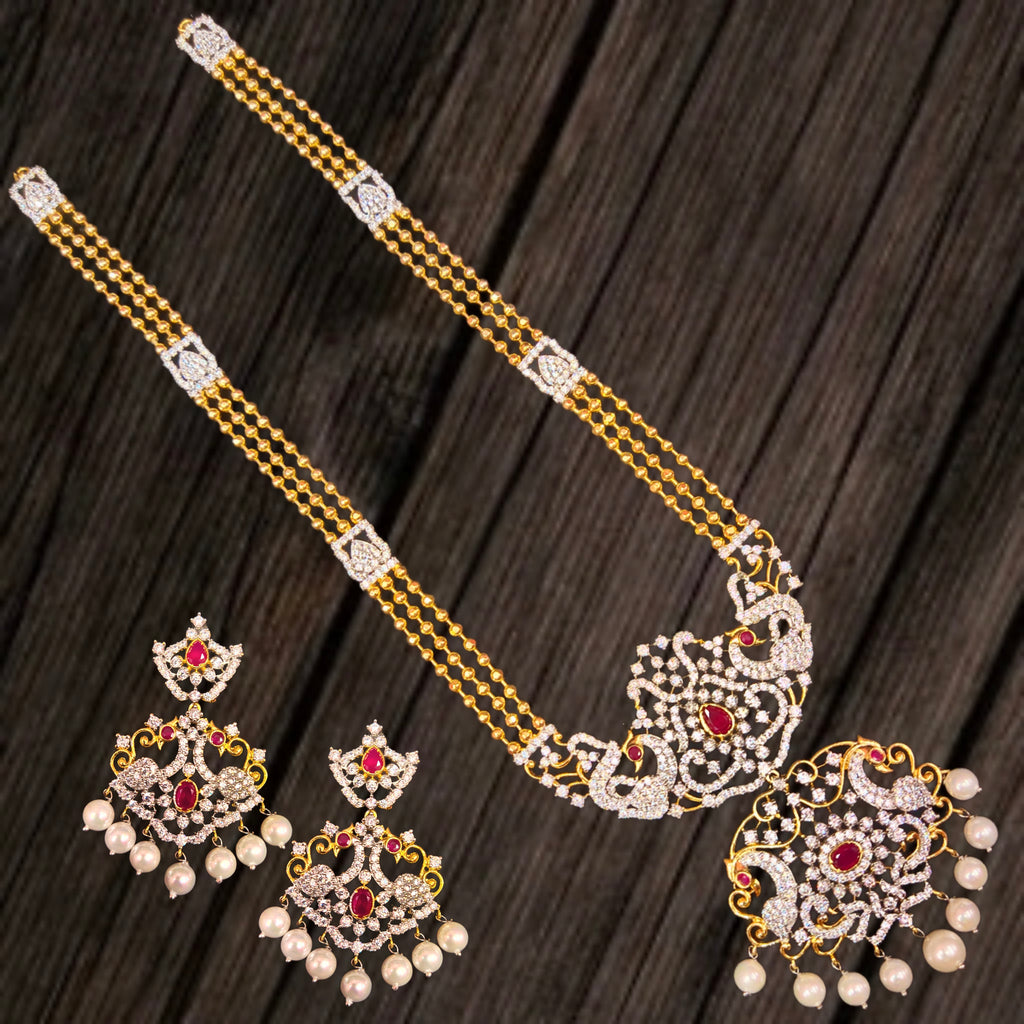 Tarini CZ American Diamond Long Necklace Set | Peacock Floral Design | Gold Plated