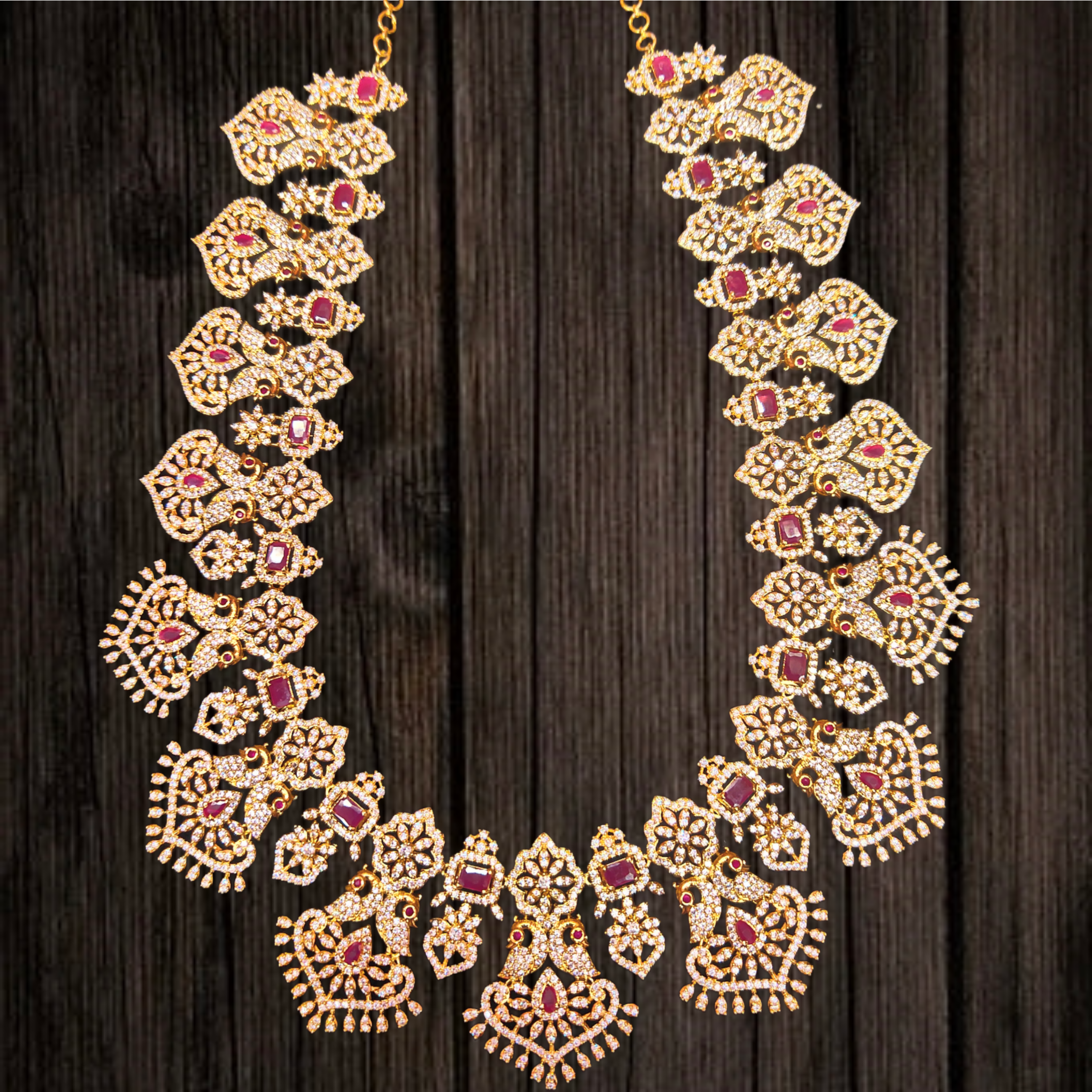 Exotic Grand American Diamond & Ruby Haram - Luxury Bridal Necklace Set