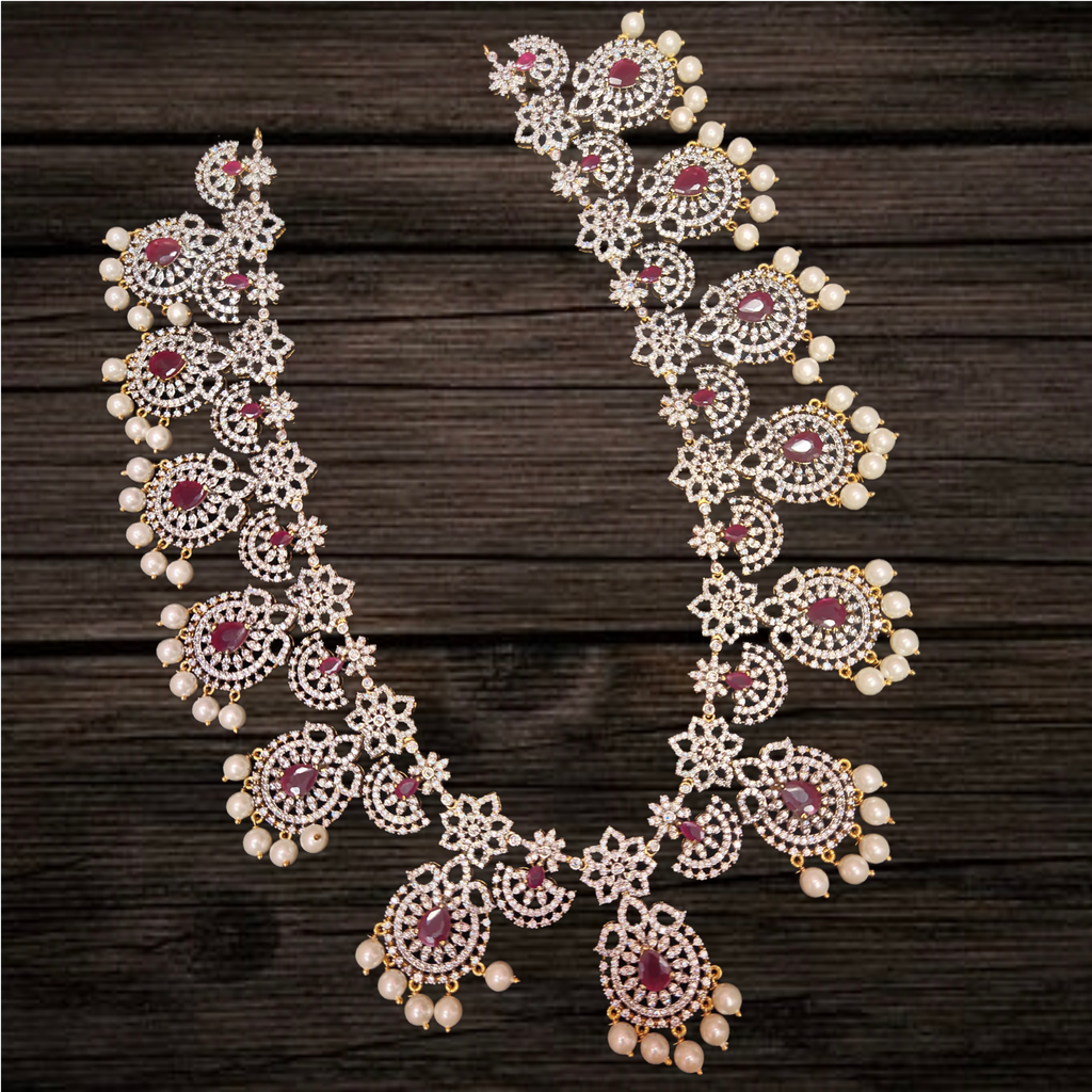 CZ Diamond Long Haram Necklace Set with Pearl Drops | Ruby & Emerald | 26 Inch