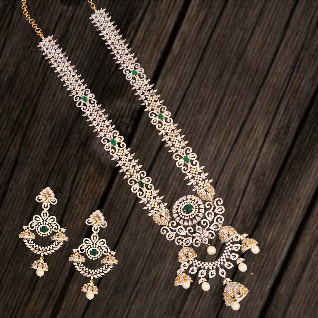 American Diamond Long Necklace Set - 24K Gold Plated South Indian Jewelry