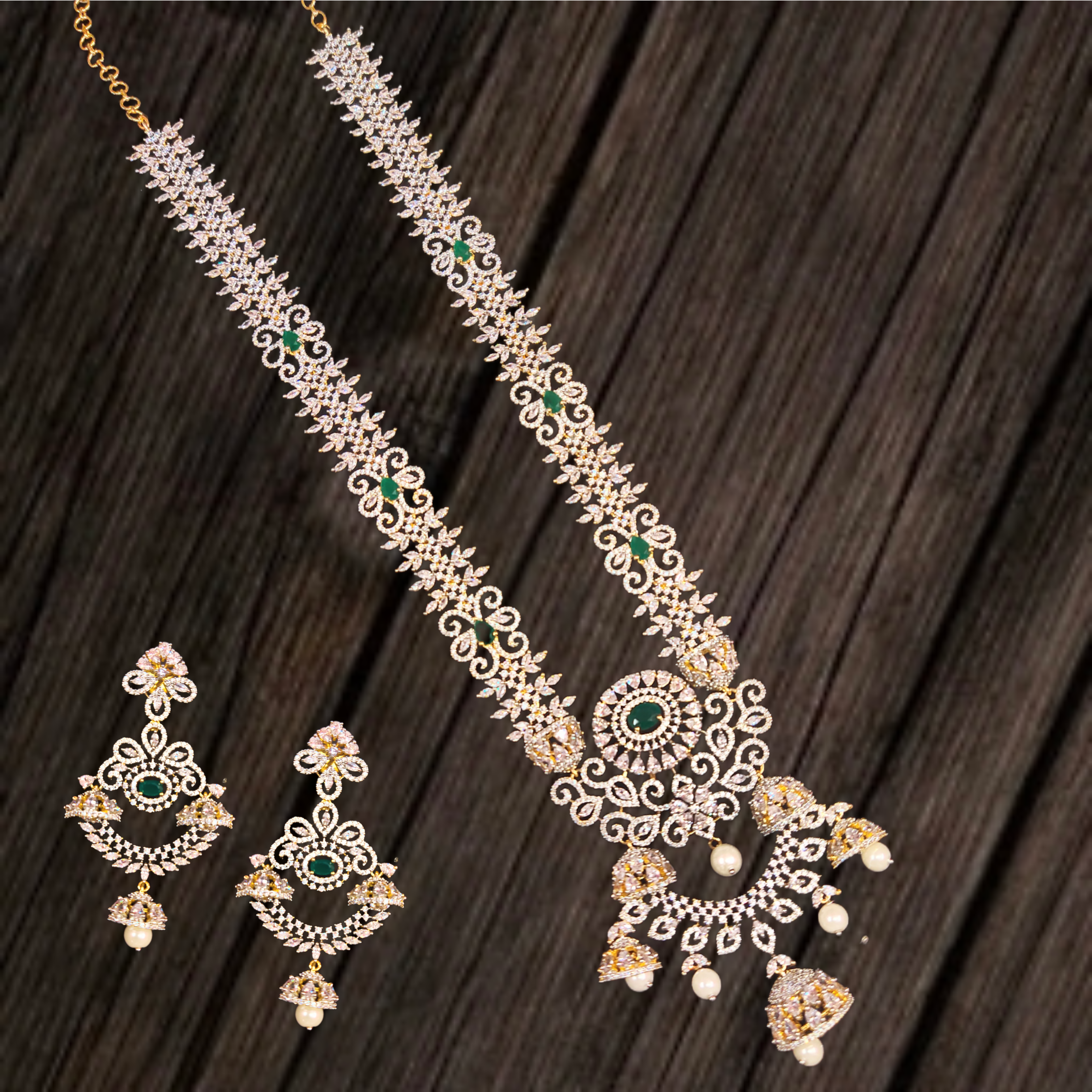 American Diamond Long Necklace Set - 24K Gold Plated South Indian Jewelry