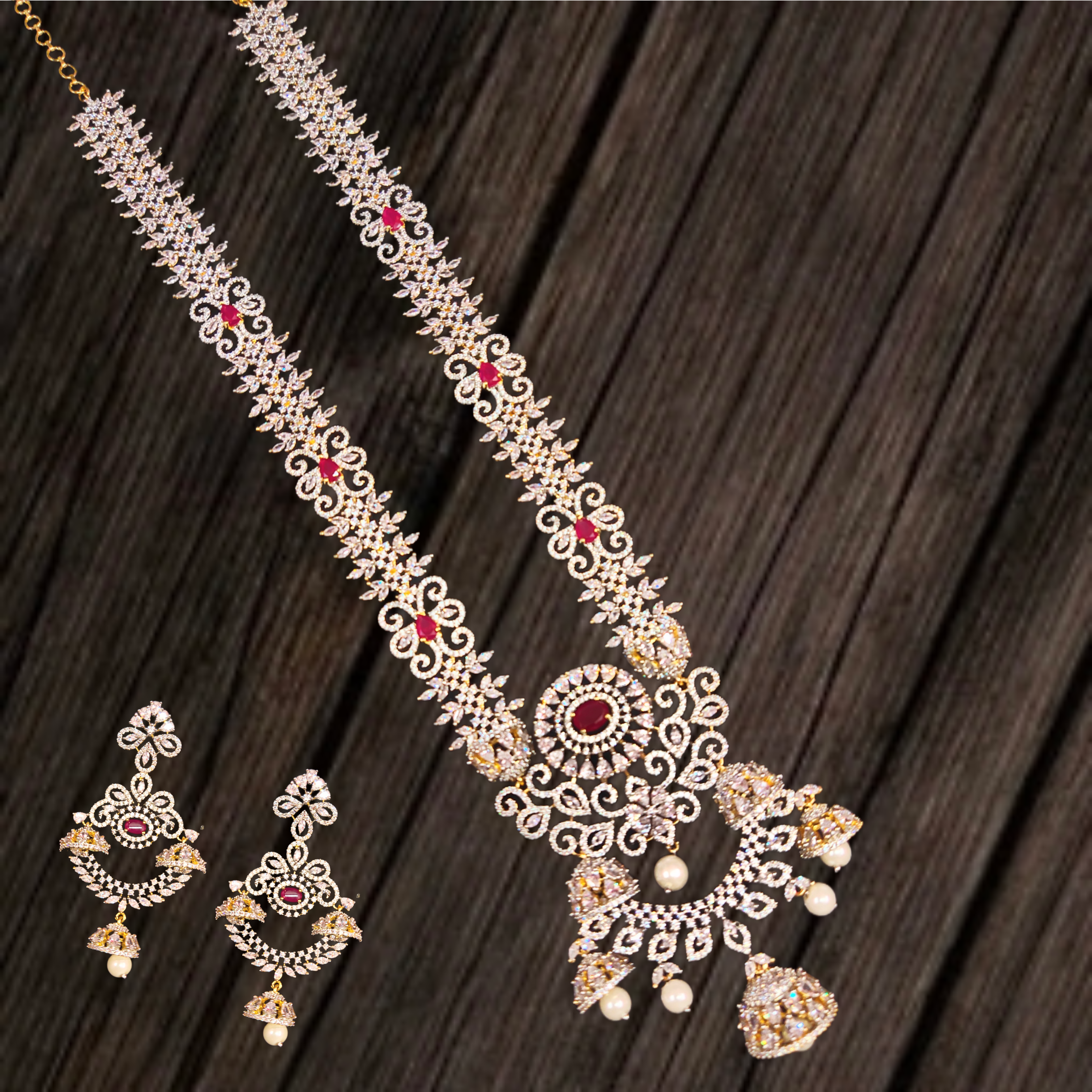American Diamond Long Necklace Set - 24K Gold Elegant Wedding Jewellery