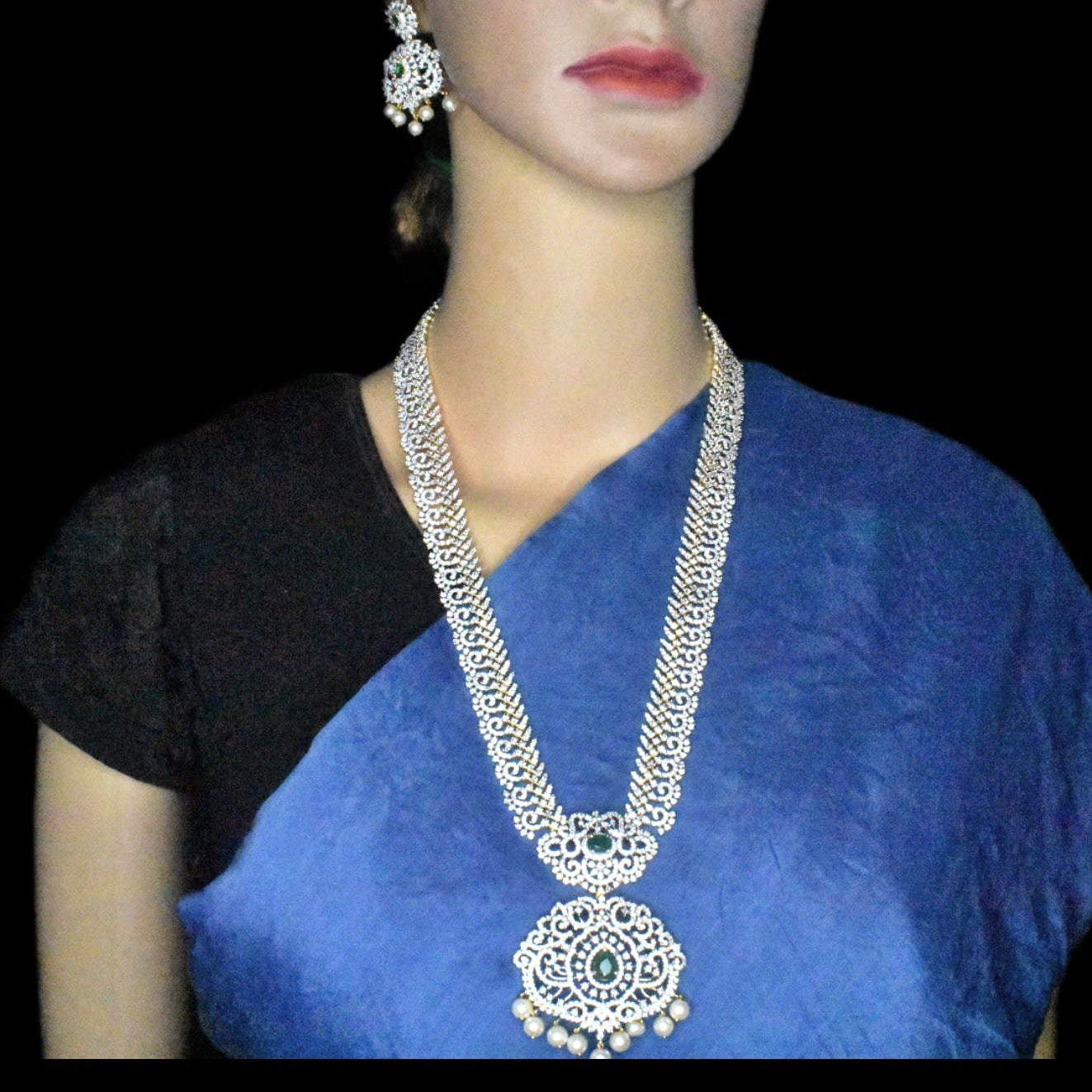 American Diamond Long Haram - Emerald & Pearl Bridal Necklace Set