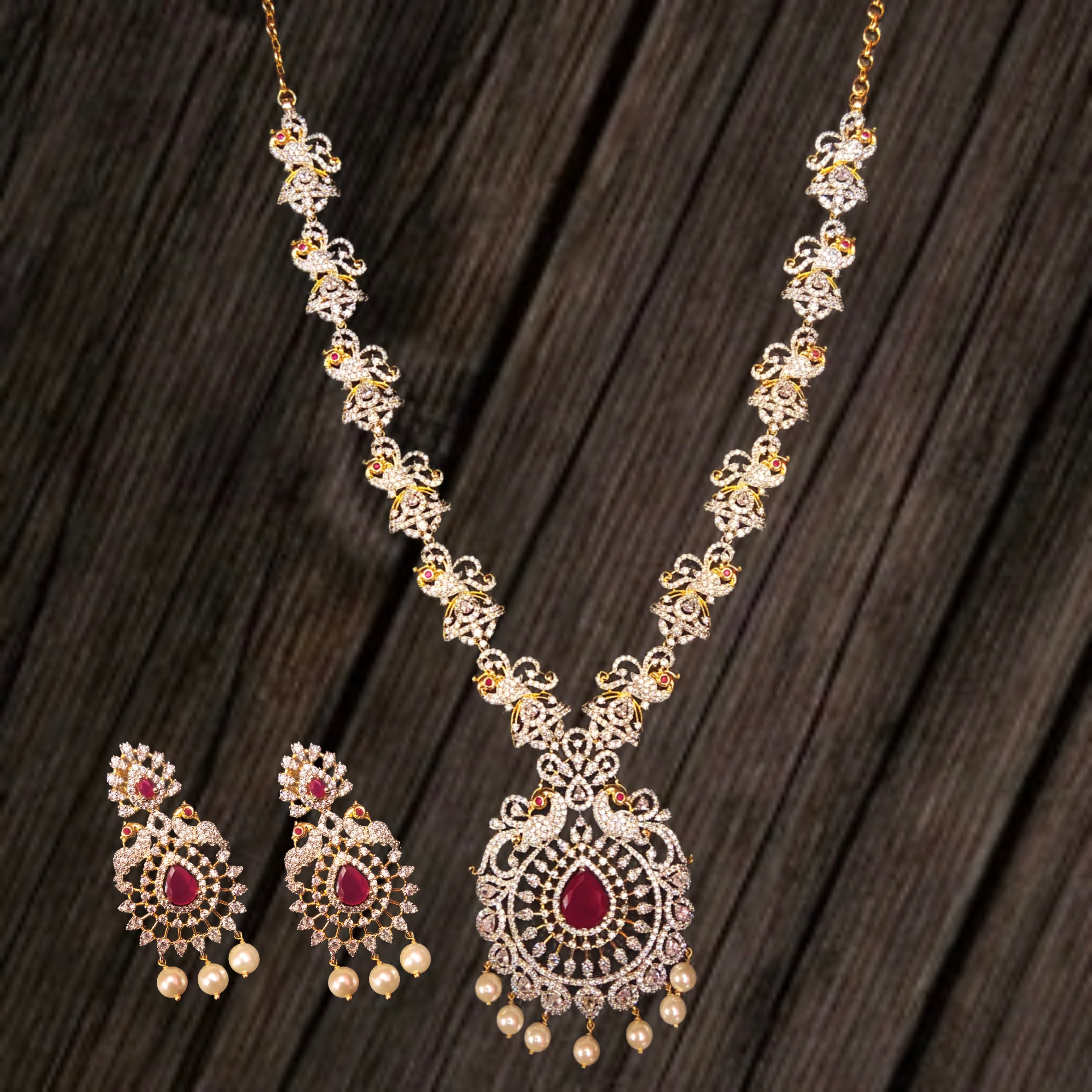 Mesmerizing Peacock American Diamond Long Haram - Bridal Necklace Set