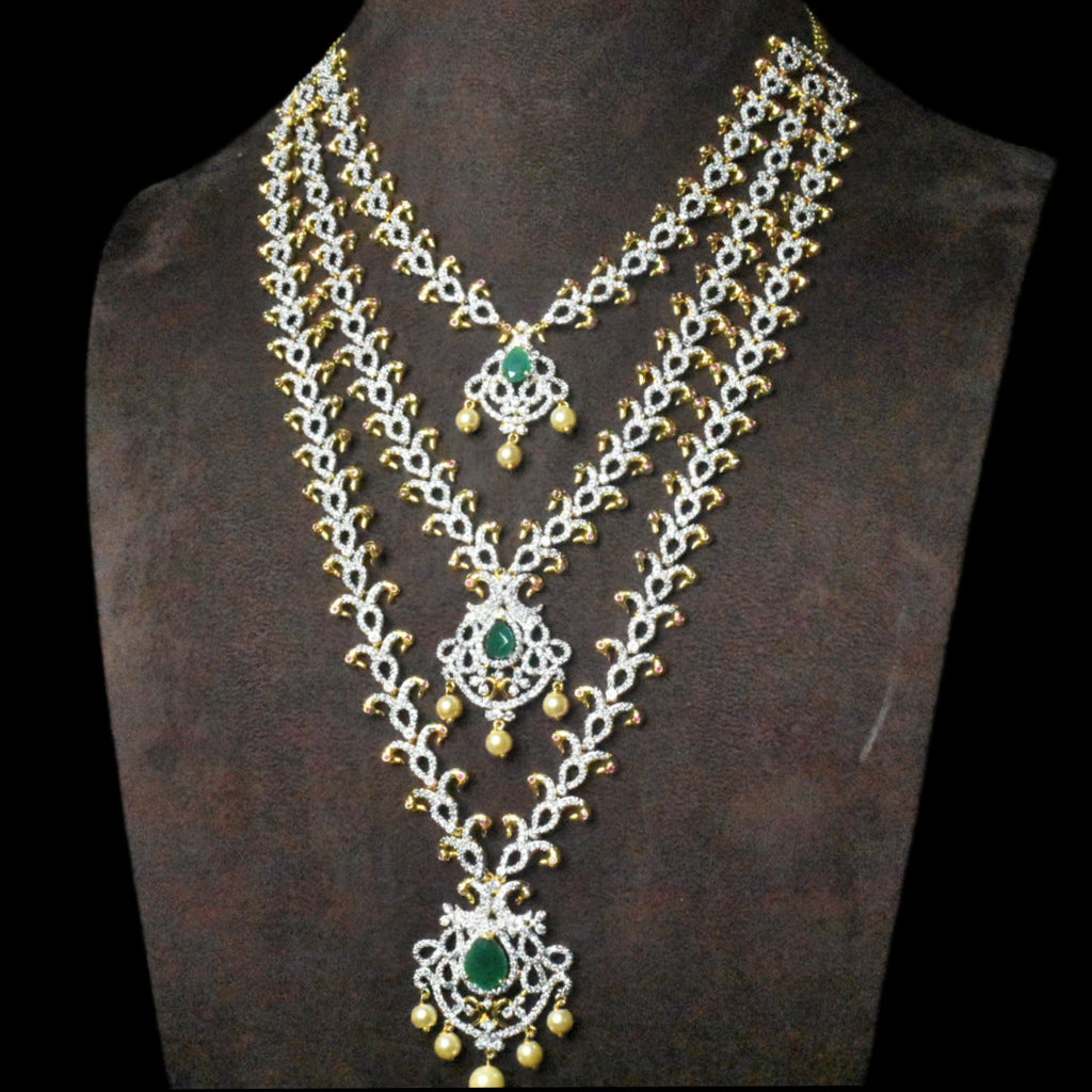 Elegant Three Layered American Diamond Emerald Necklace - Premium Bridal Set