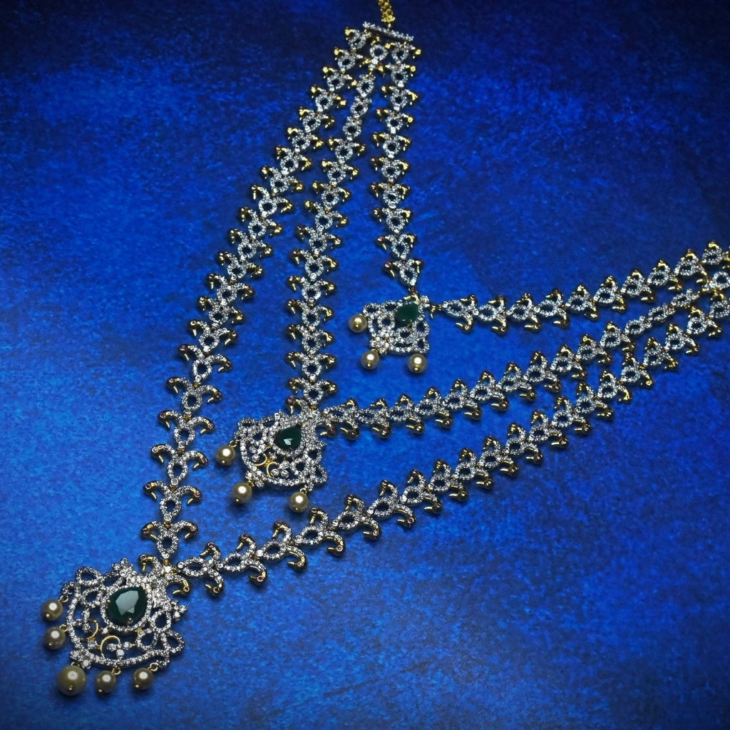 Elegant Three Layered American Diamond Emerald Necklace - Premium Bridal Set