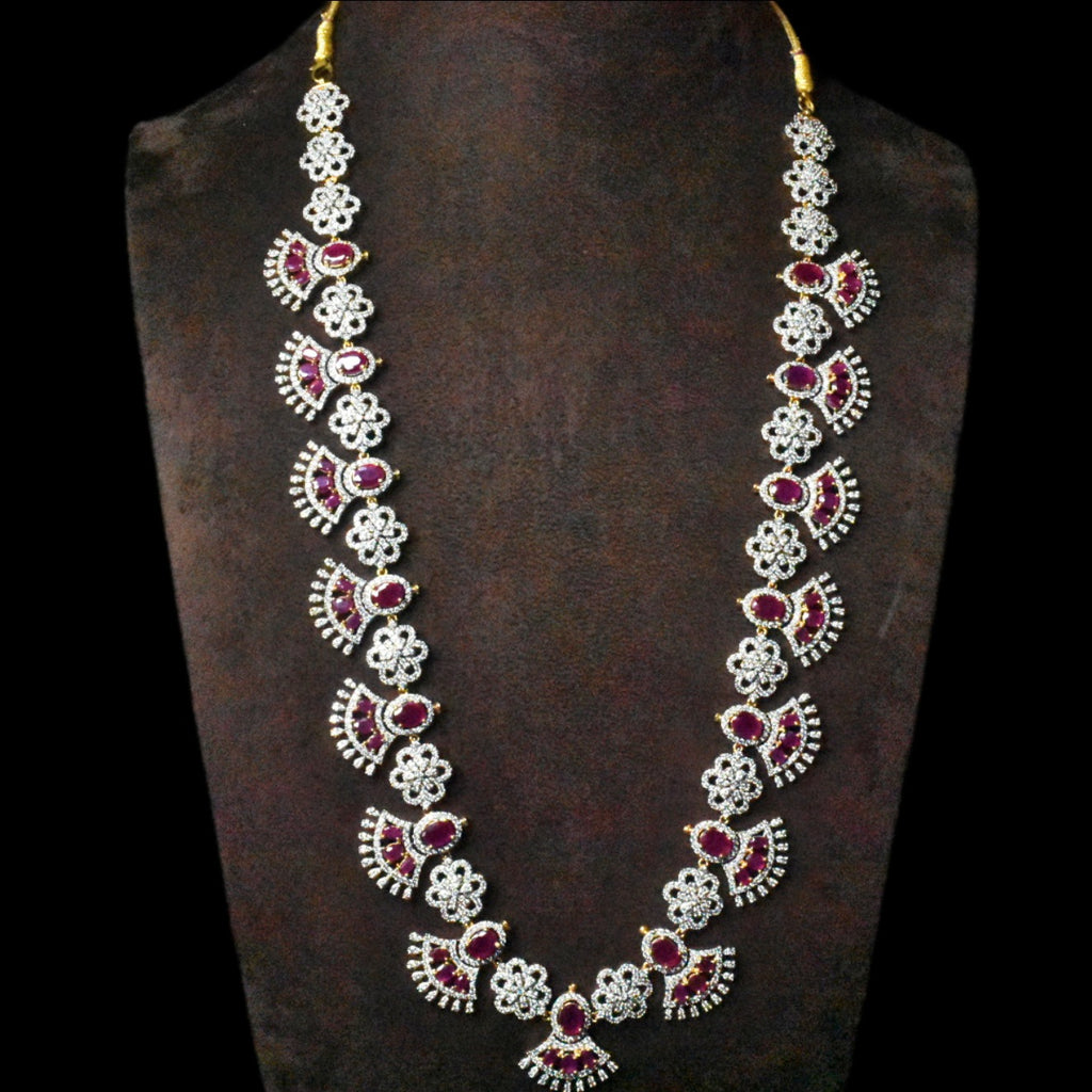 CZ Diamond & Ruby Fan Motif Long Haram Necklace Set | 24K Gold Plated Bridal Jewelry with Earrings