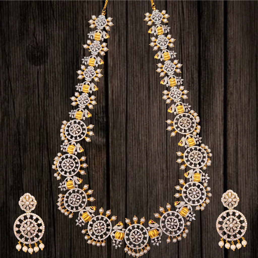 CZ Diamond Mandala Disc & Peacock Long Haram Necklace Set | 32 Inch 24K Gold Plated Bridal Jewelry with Pearls