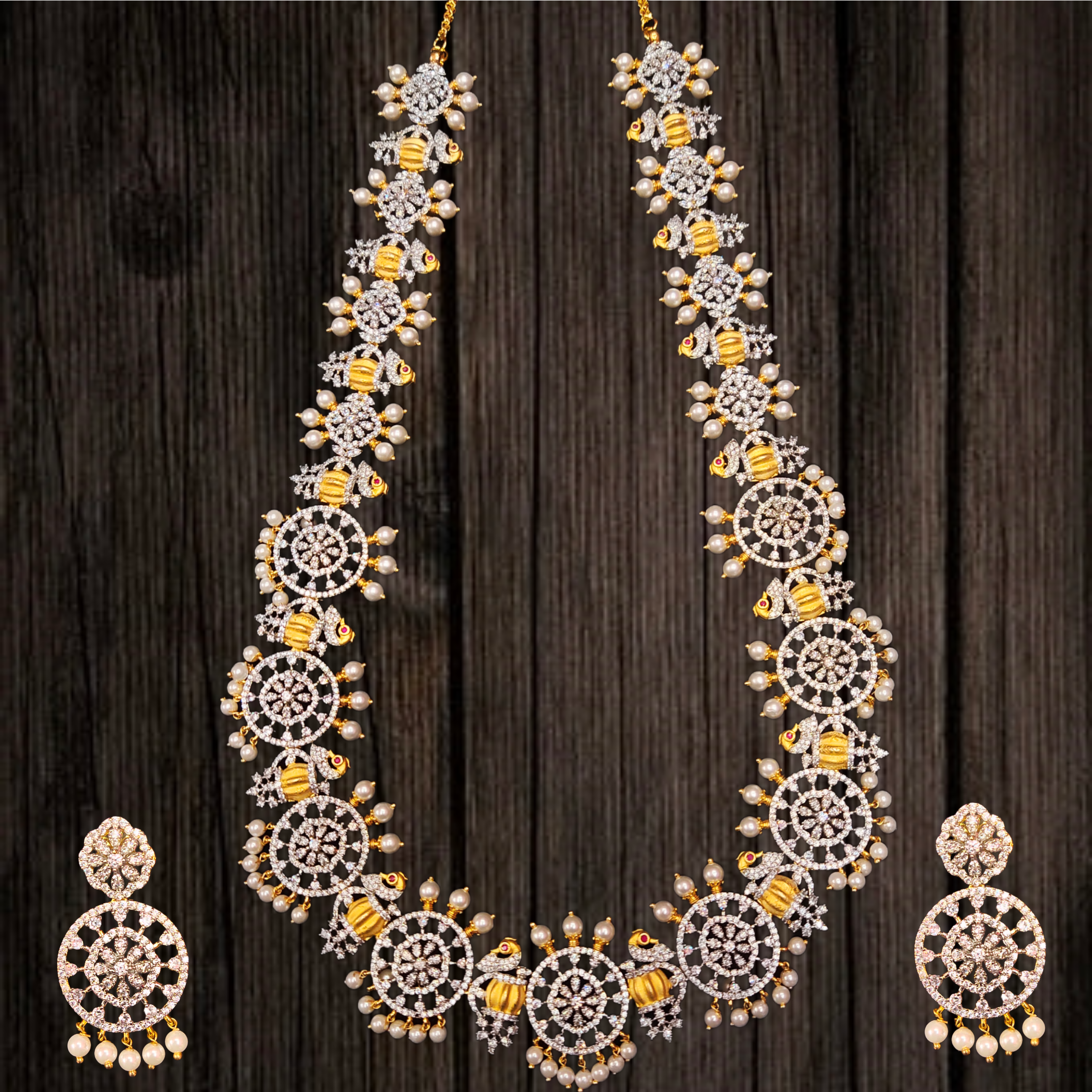 Royal American Diamond Peacock Long Haram - 24K Gold Bridal Necklace with Pearls