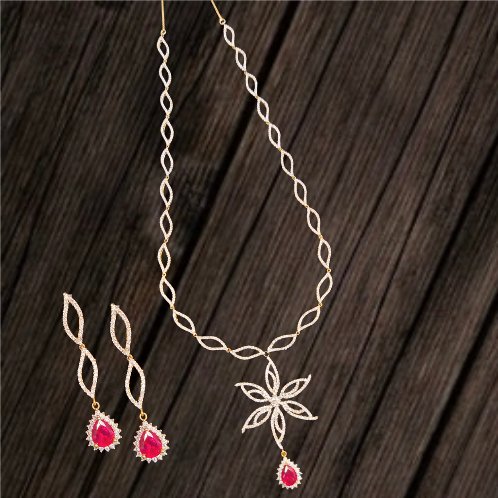 Dual Tone Gold Silver AD Long Haram Necklace Set | 32 Inch | American Diamond Bridal Jewellery