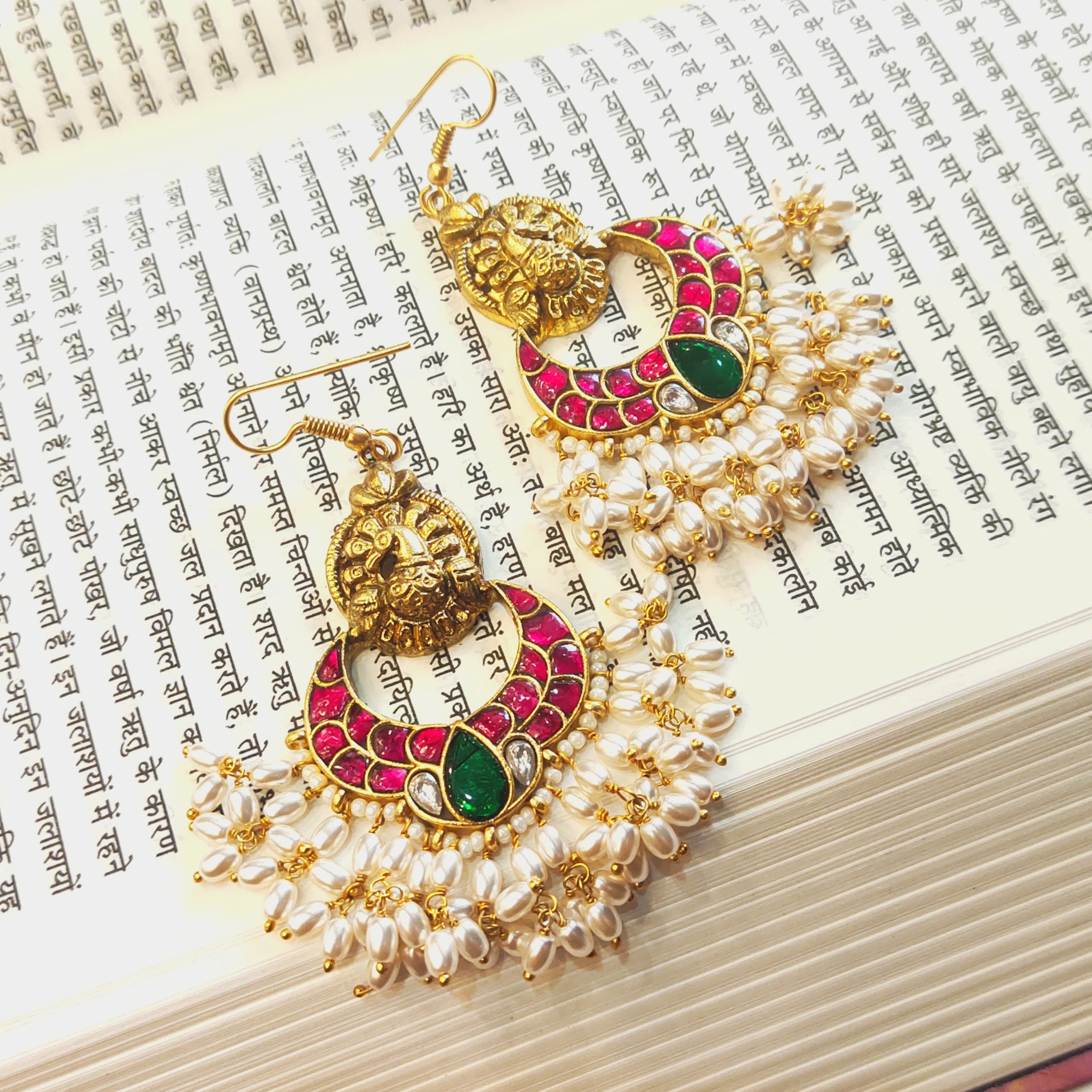 Jadau Kundan Dangler Earrings 3.5 Inch - 24K Gold Pearl Jewelry 38g