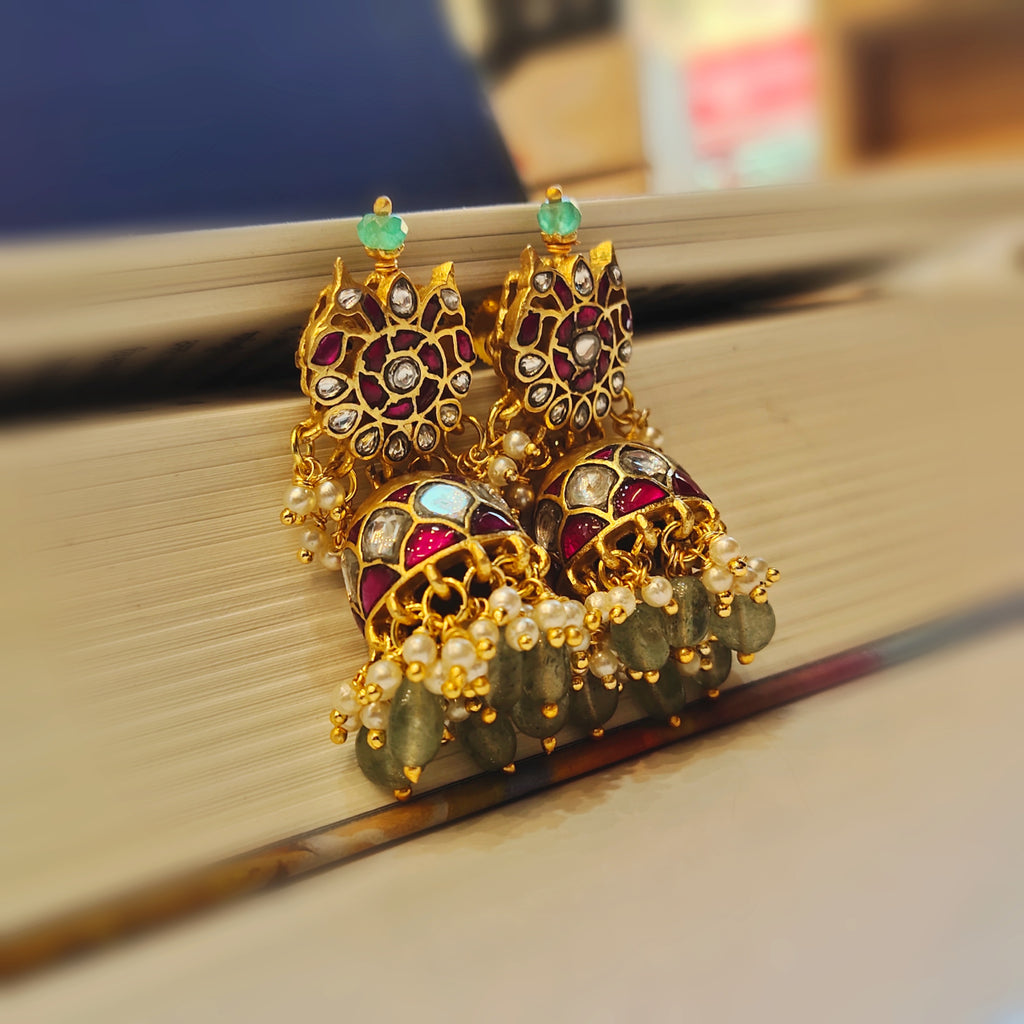 Jadau Kundan Jhumka Earrings with Pearls 24K Gold Plated - Classic Danglers