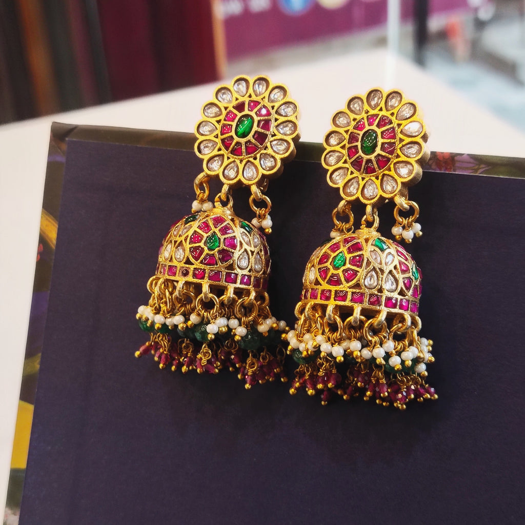 Jadau Kundan Jhumka Earrings with Pearls 24K Gold Plated - Traditional Danglers