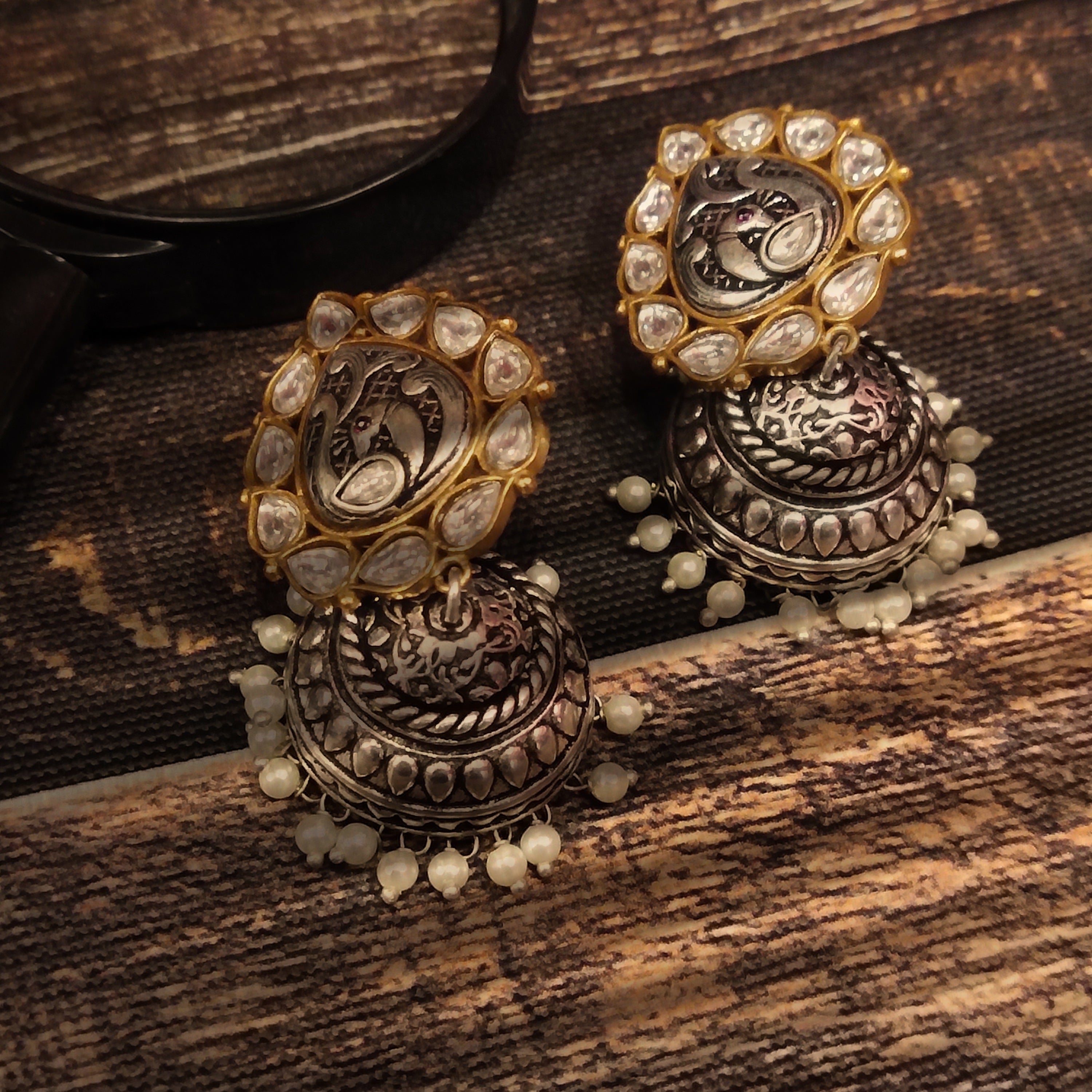 Tribal Peacock Kundan Jhumka - Oxidized Silver Statement Earrings