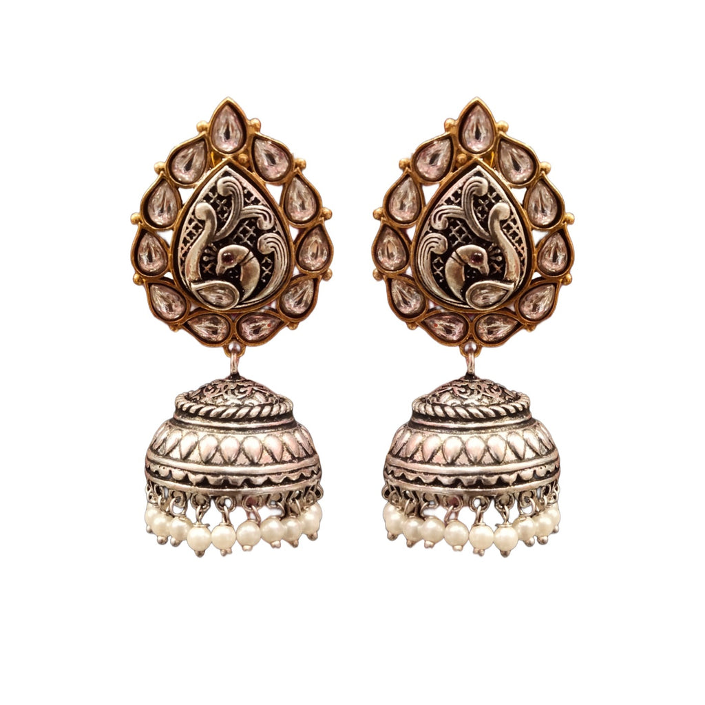 Tribal Peacock Kundan Jhumka - Oxidized Silver Statement Earrings