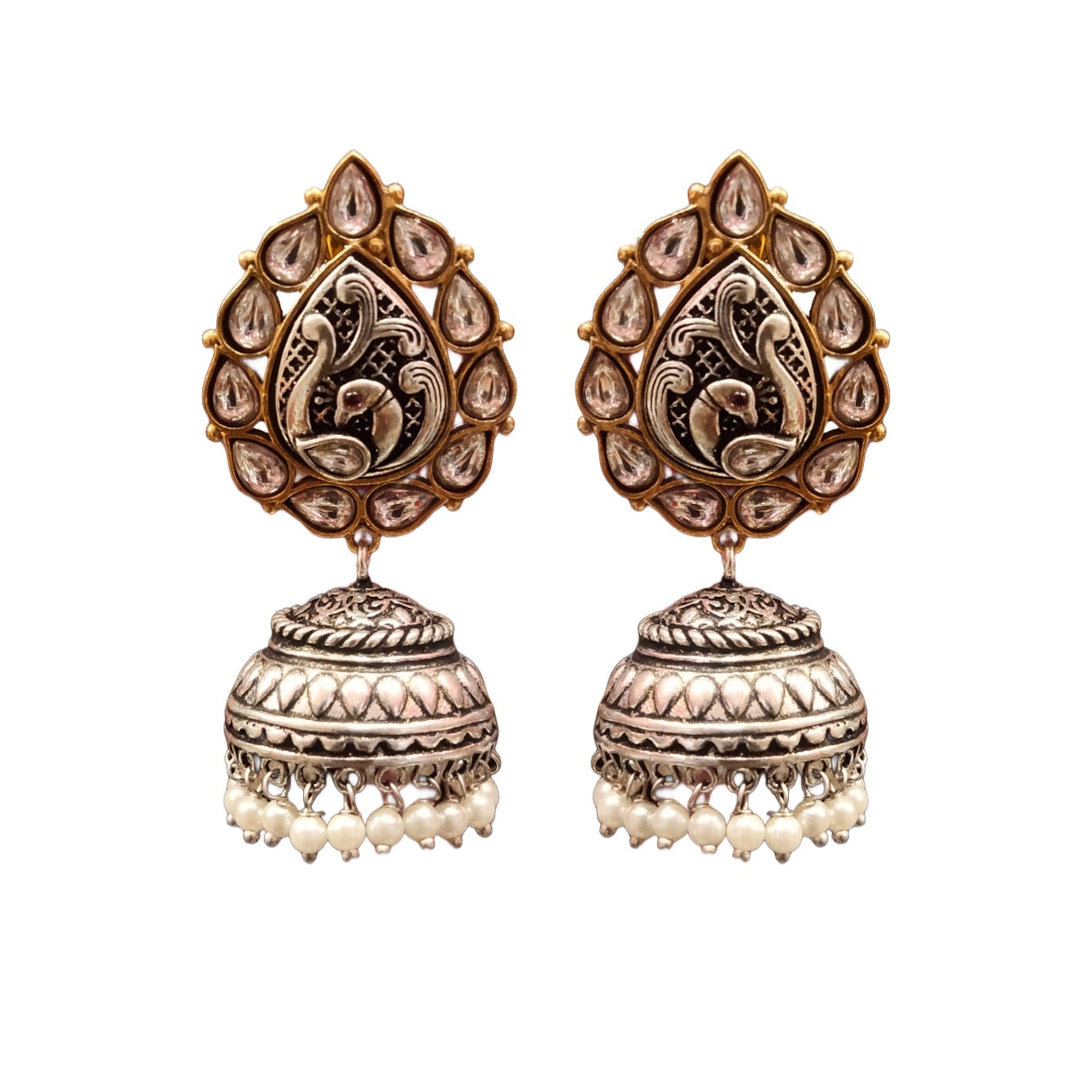 Tribal Peacock Kundan Jhumka - Oxidized Silver Statement Earrings