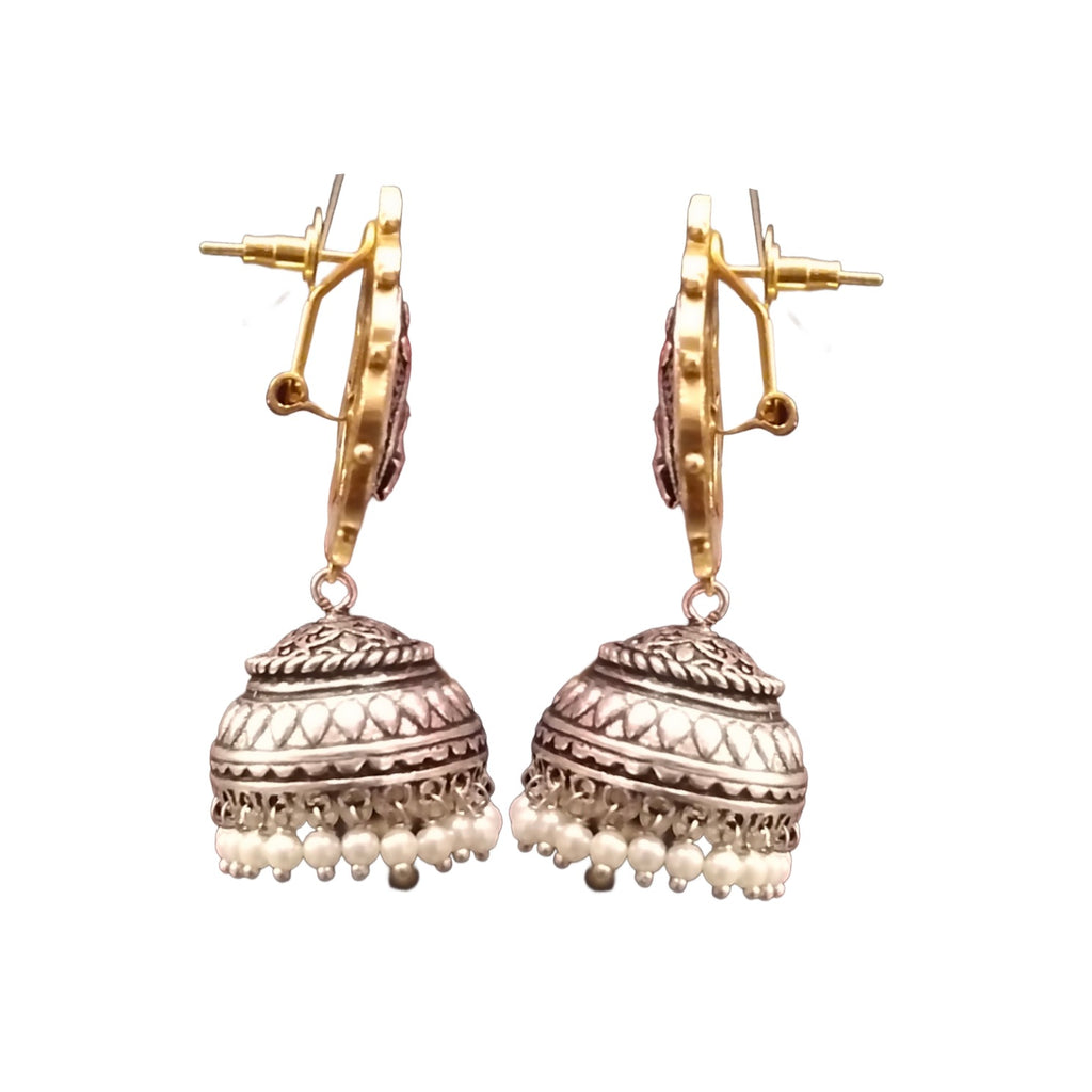 Tribal Peacock Kundan Jhumka - Oxidized Silver Statement Earrings