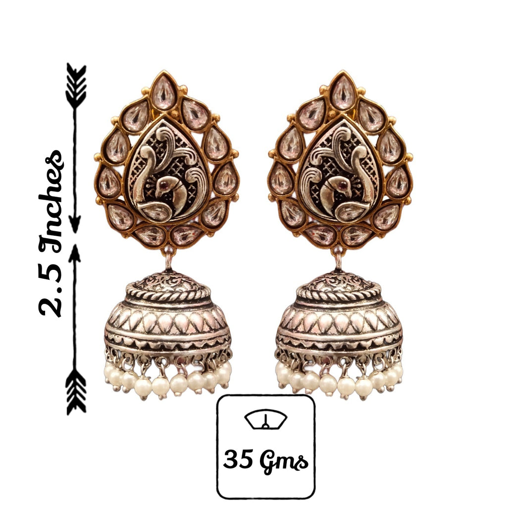 Tribal Peacock Kundan Jhumka - Oxidized Silver Statement Earrings