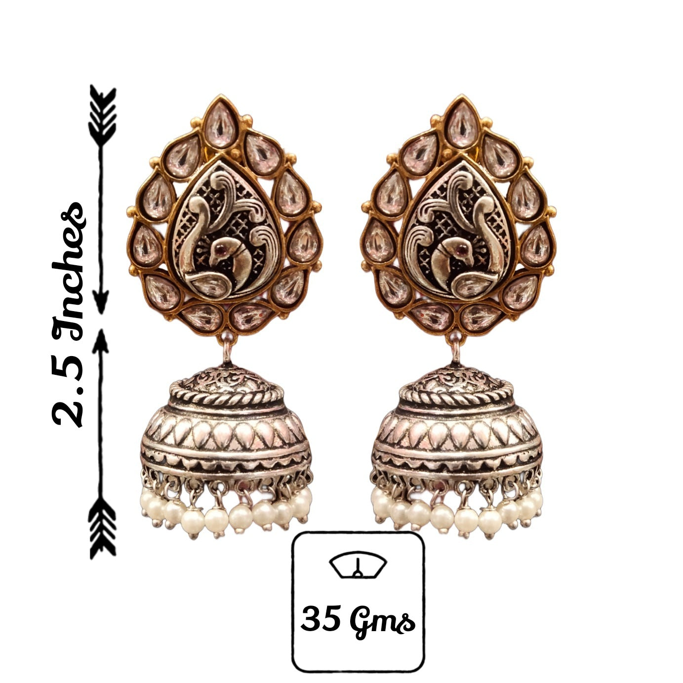 Tribal Peacock Kundan Jhumka - Oxidized Silver Statement Earrings