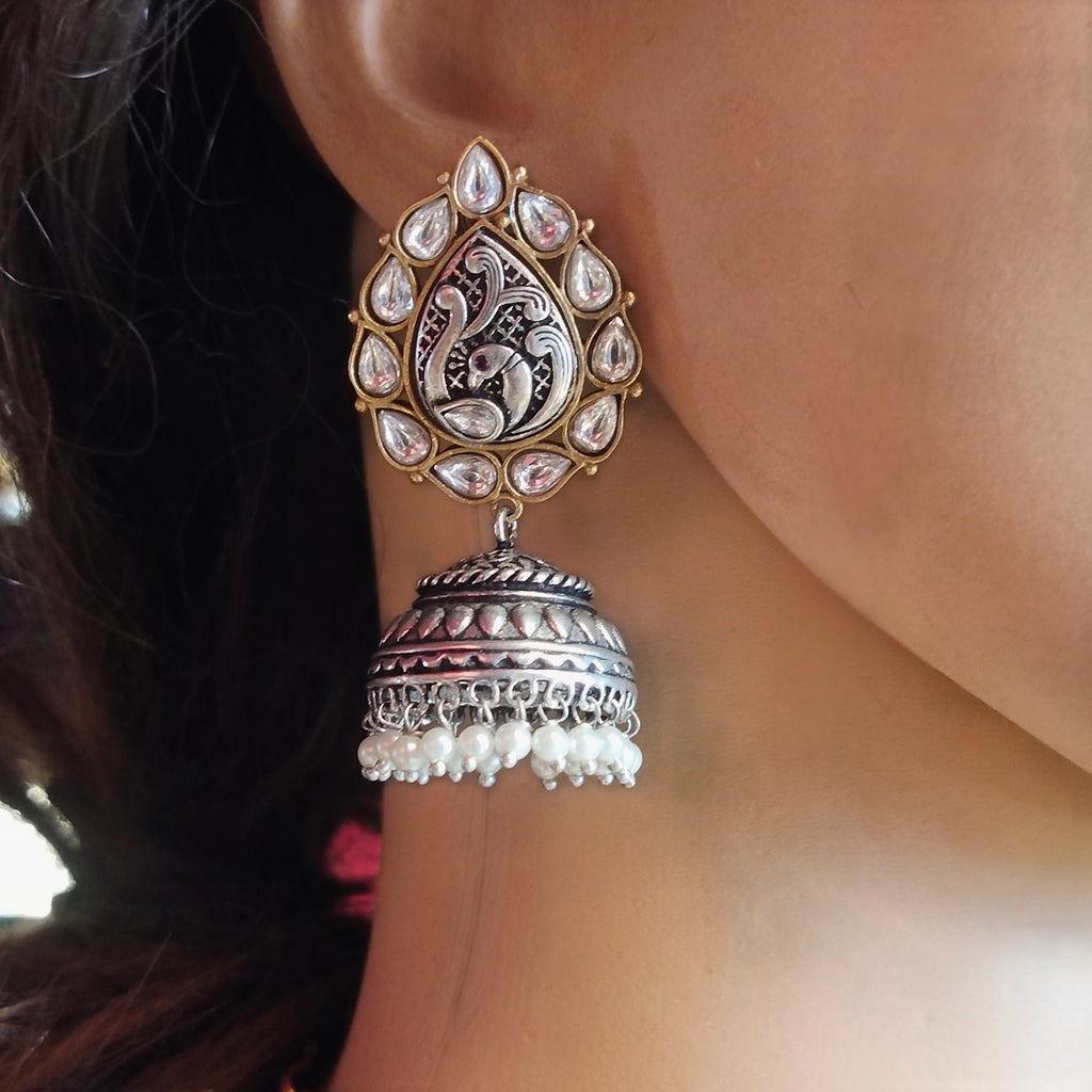Tribal Peacock Kundan Jhumka - Oxidized Silver Statement Earrings