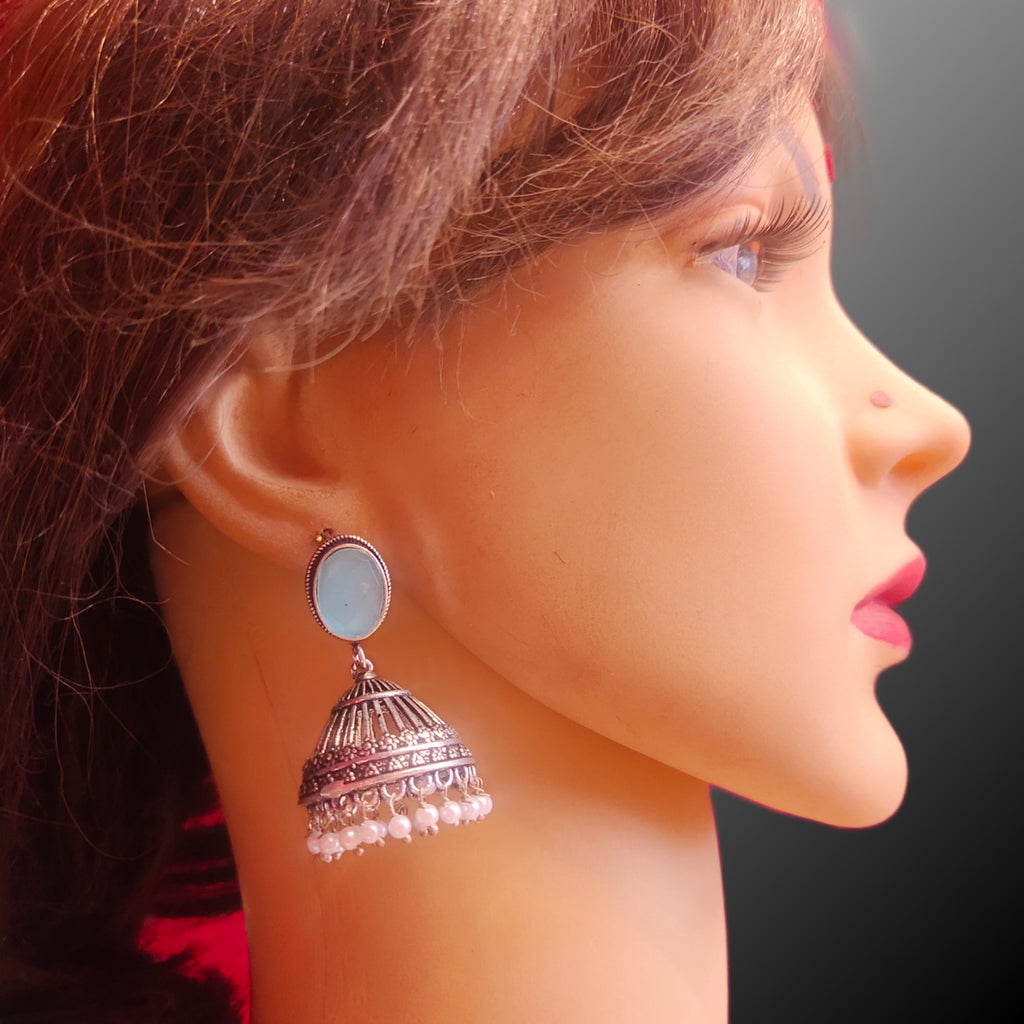 Oxidized Silver Jhumka with Red Pearls - Elegant Traditional Earrings