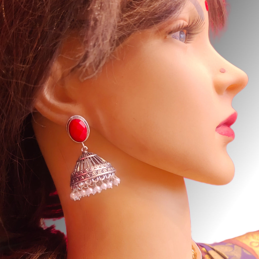Traditional Oxidized Silver Jhumka - Red Pearl Embellished Earrings