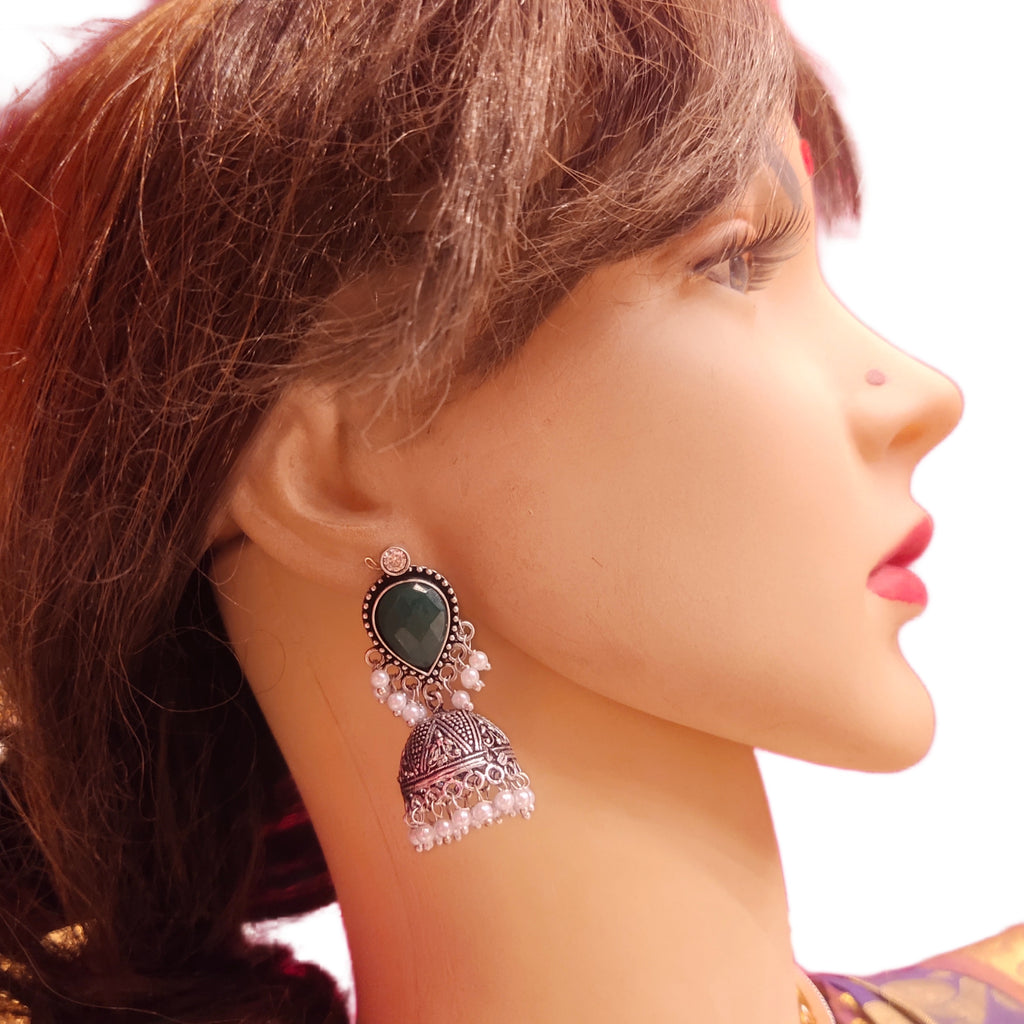 Traditional Oxidized Silver Jhumka Earrings - Pink Stone Embellished