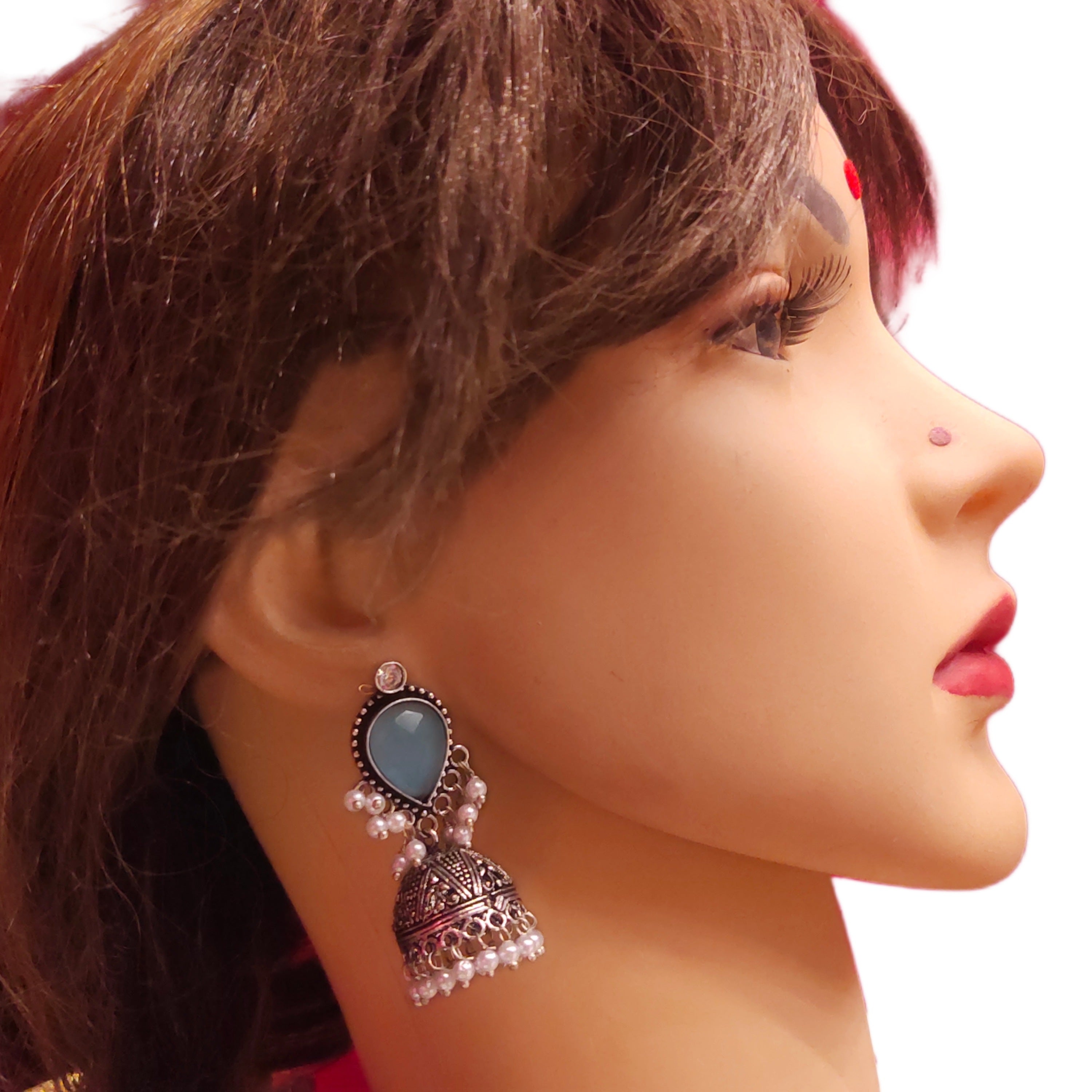 Oxidized Silver Jhumka Earrings with Pink Accents - Traditional Indian Jewelry