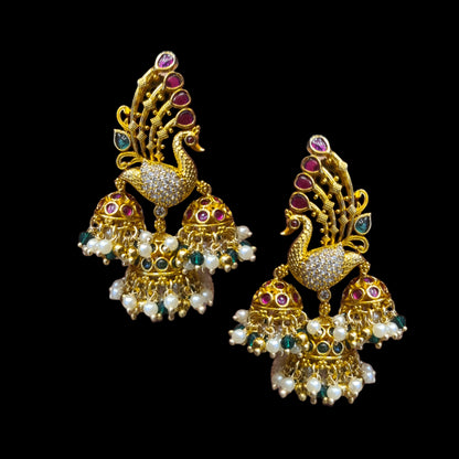 Exquisite Elegance: Unveiling the Alluring Antique Peacock Bahubali Jhumka Adorned with Pearls