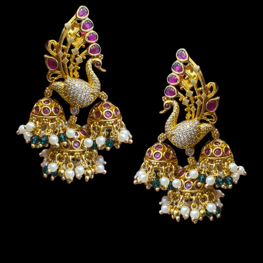 Exquisite Elegance: Unveiling the Alluring Antique Peacock Bahubali Jhumka Adorned with Pearls