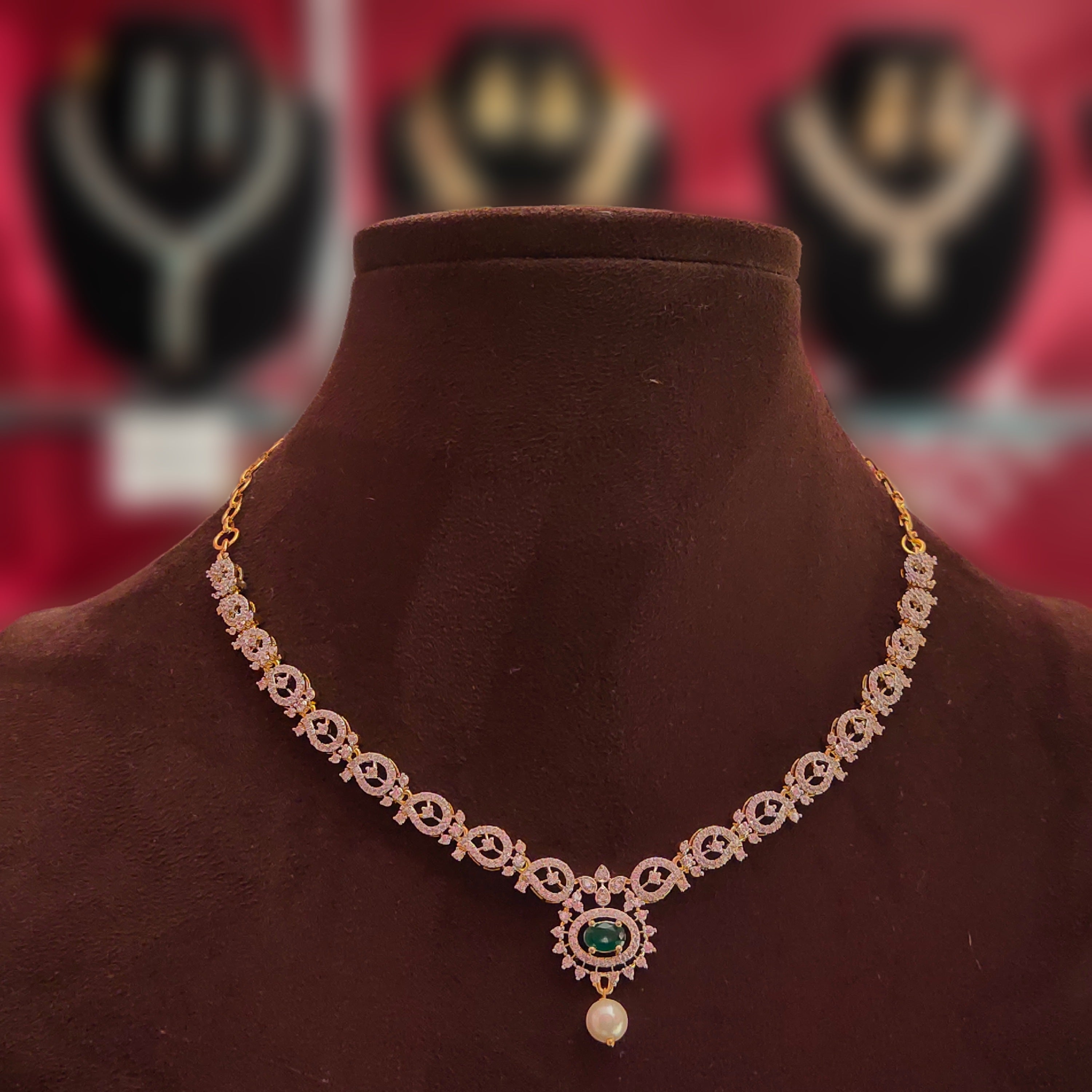 Diamond Model Necklace Set - 24K Gold Plated Emerald Jewellery