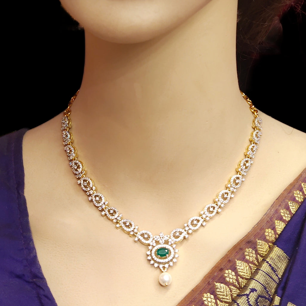 Diamond Model Necklace Set - 24K Gold Plated Emerald Jewellery