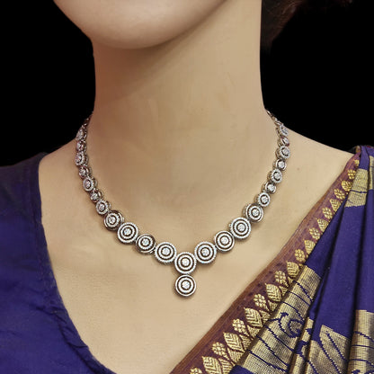 "Dazzling Elegance: Embellish Your Look with Asp Fashion Jewellery's Silver Tone American Diamonds Necklace Set 95239887"