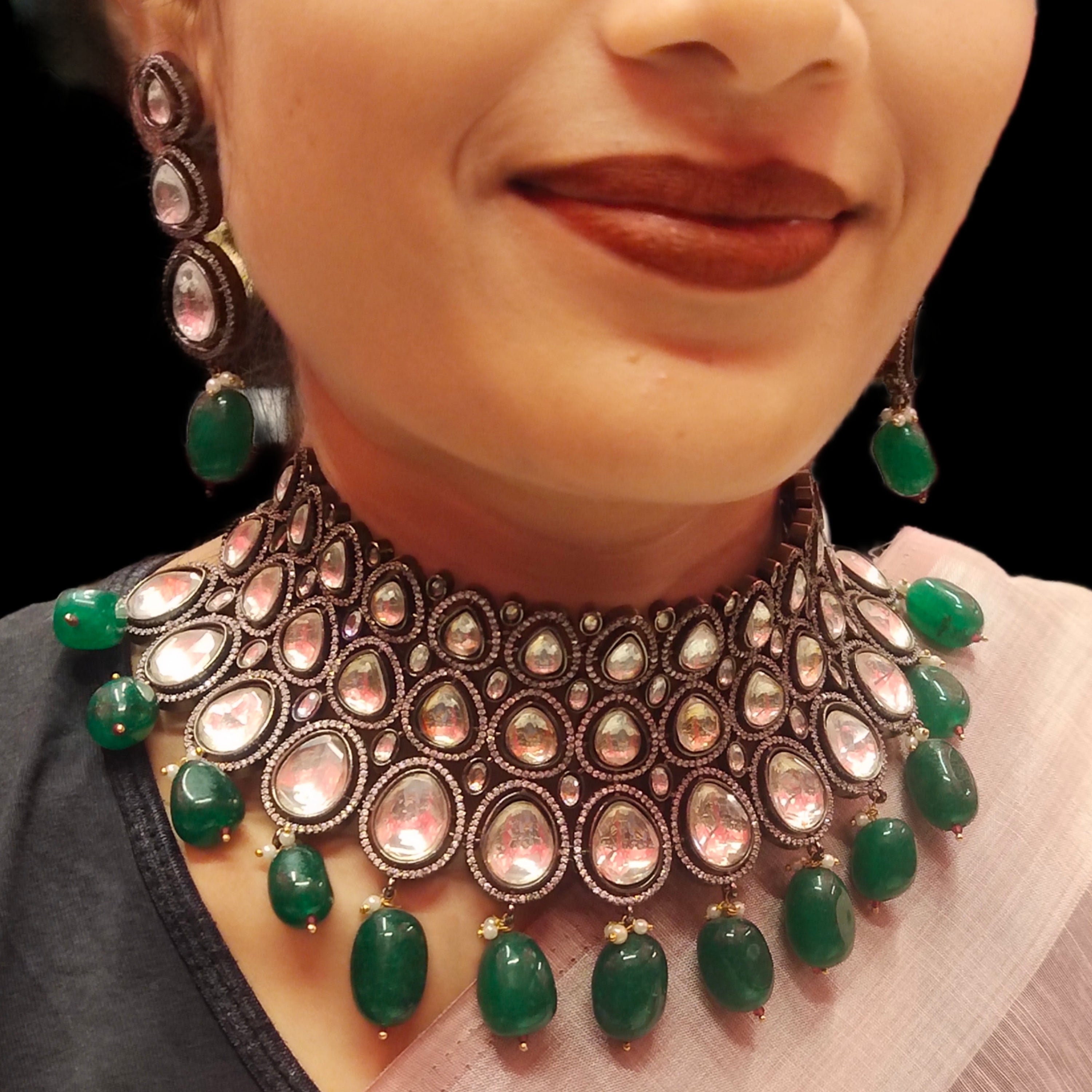 Moissanite Kundan American Diamond Choker Set with Emeralds - Victorian Finish