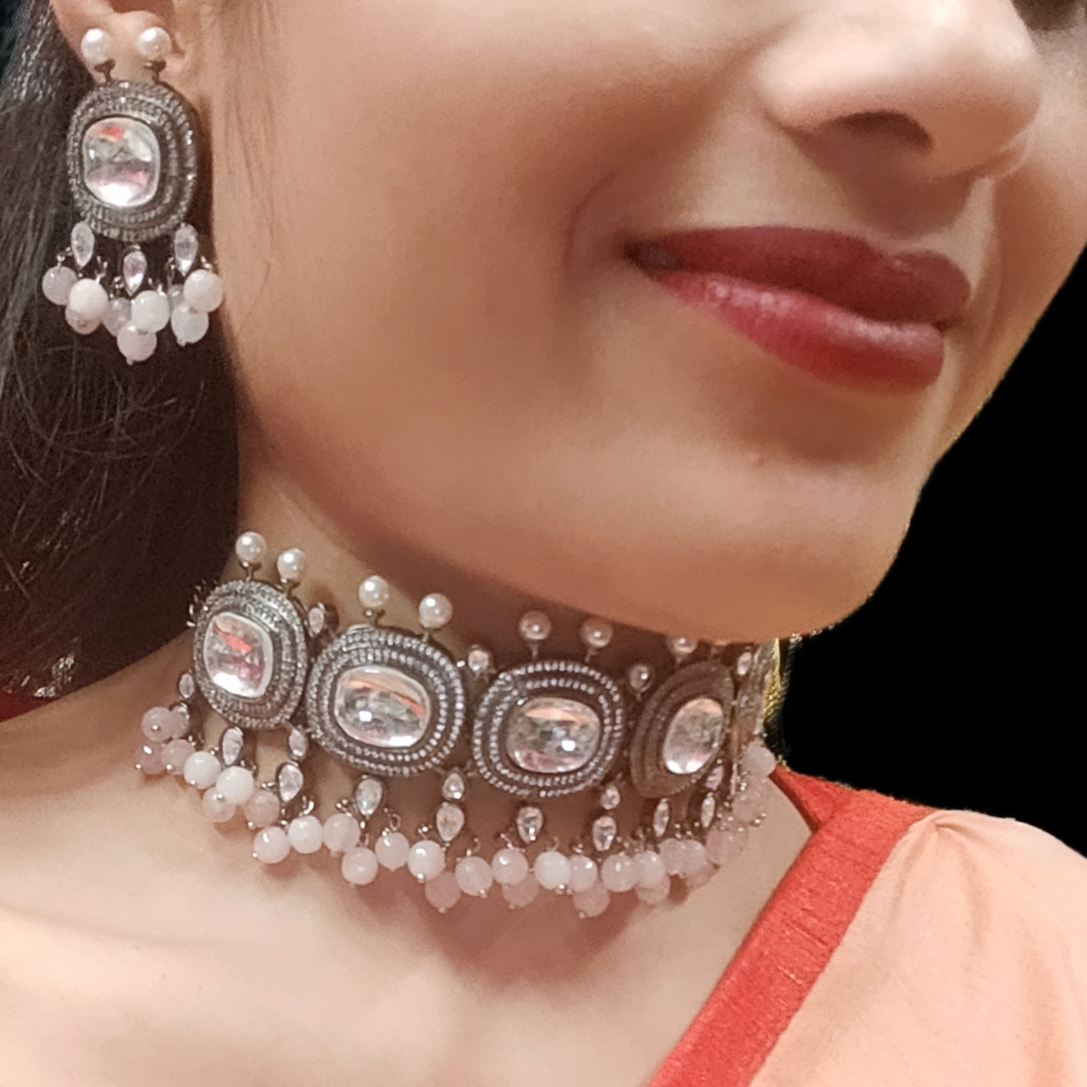 Moissanite Polki Victorian Bridal Choker Set with Semi-Precious Beads - 24K Gold