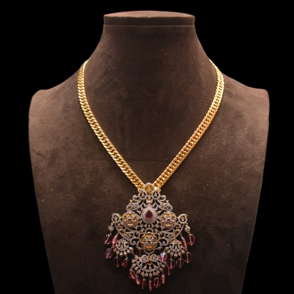 American Diamond Pendant Chain Set - 28 Inch Long Necklace with Earrings