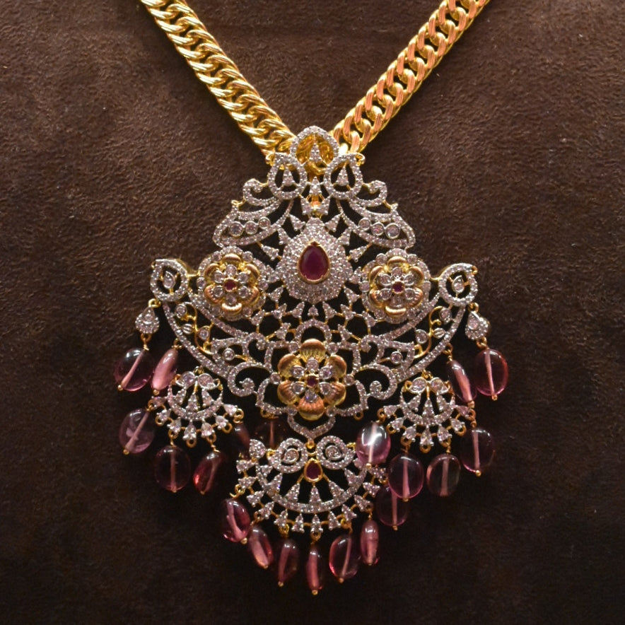 American Diamond Pendant Chain Set - 28 Inch Long Necklace with Earrings